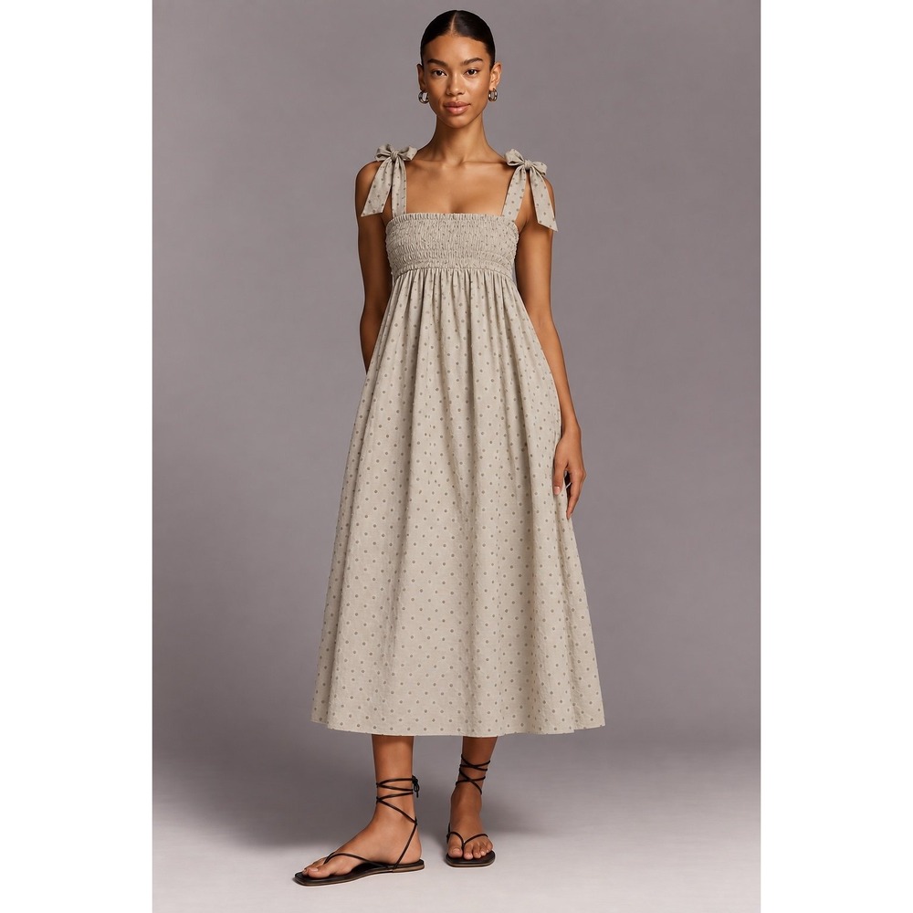 Marysia Resort Swiss Dot Smocked Tie Strap Midi Dress Taupe Olive XS
